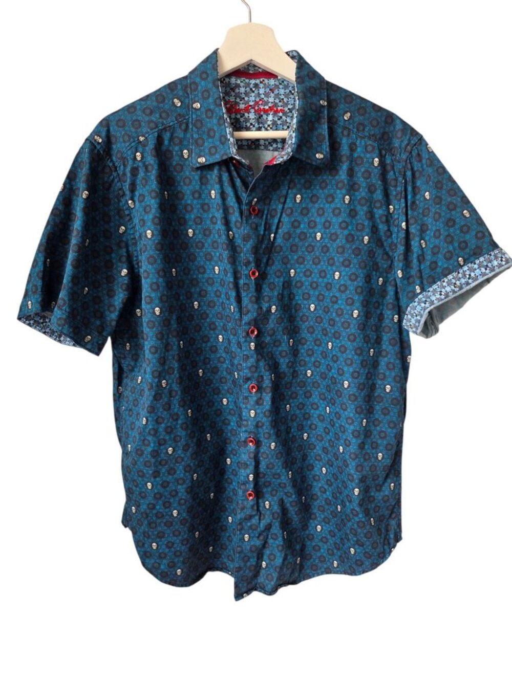 Robert Graham Mens Blue Patterned Short-Sleeve Button-Up Shirt With Skull Accent